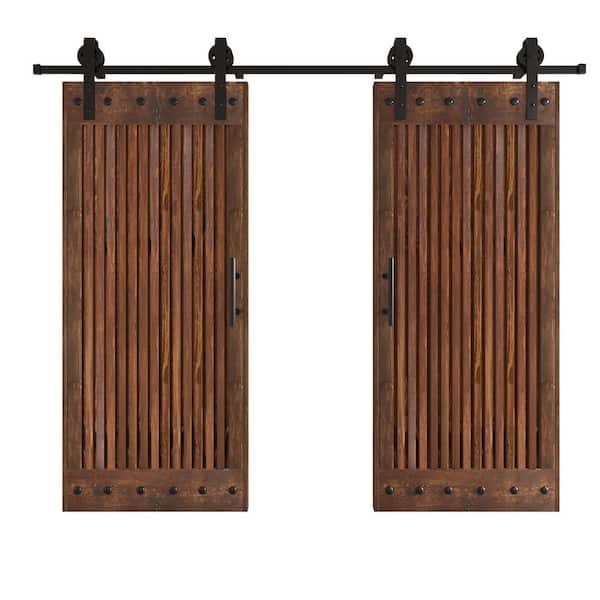 COAST SEQUOIA INC 72 in. x 84 in. Full Grille Design Embossing Dark Walnut Knotty Wood Double Sliding Door With Hardware Kit