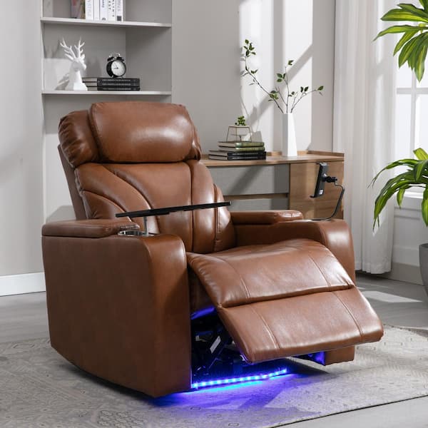Merax Light Brown PU Home Theater Power Recliner with Storage USB Charging Port Stereo Tray Table and Phone Holder