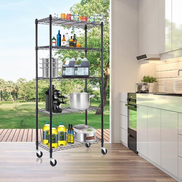 Black Metal Shelving Unit, URHOMEPRO 5-Tier Heavy Duty Height Adjustable  Kitchen Storage Shelves, Wire Shelving With Wheel, Wire Storage Racks for