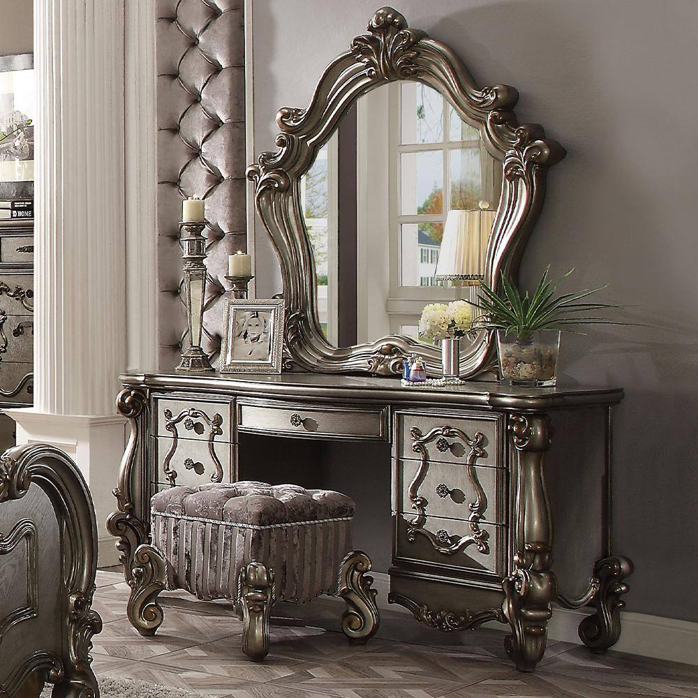 Antique Platinum Versailles Vanity Desk with Bench and Mirror