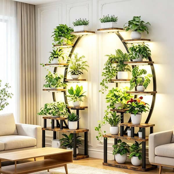 Wood Plant Stand (27 in. W x 63.5 in. H) 9 Tiered Metal Plant