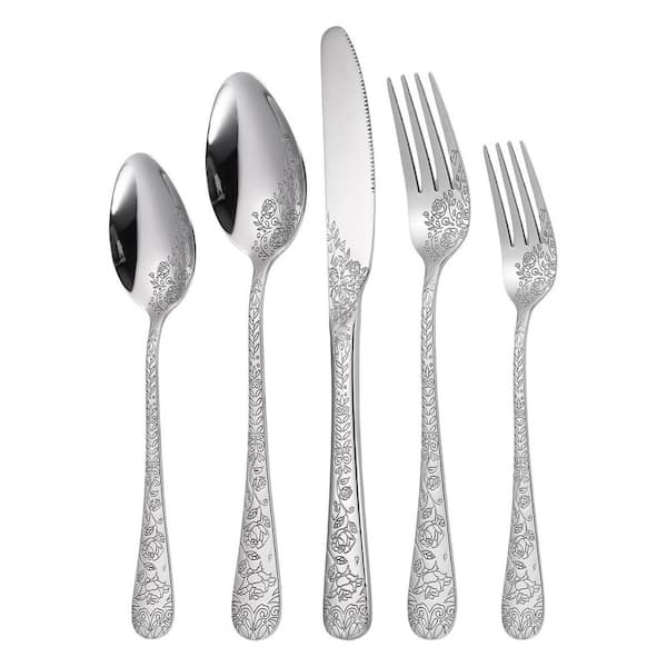 30-Piece Silver Stainless Steel Flatware Set with Delicate Engraved Rose Flower (Service for 6), Non-Slip Grip