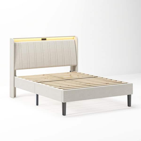 Beige Metal Frame Full Size Platform Bed with Upholstered Headboard and Wood Slats