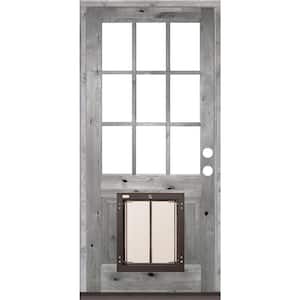 36 in. x 80 in. Left-Hand 9 Lite Clear Glass Grey Stained Wood Prehung Door with Large Dog Door