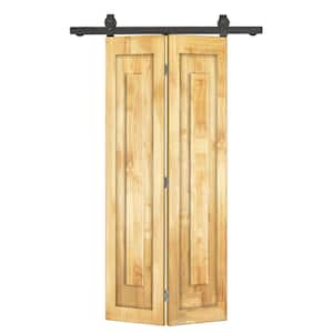 24 in. x 80 in. 1 Panel Shaker Hollow Core Weather Oak Pine Wood Bi-fold Door with Sliding Barn Door Hardware Kit