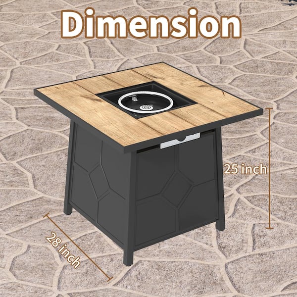 28-inch Steel Propane Gas Fire Pit Table 40,000 BTU Square Gas Firepits with Lid and Lava Rock in Wood-colored