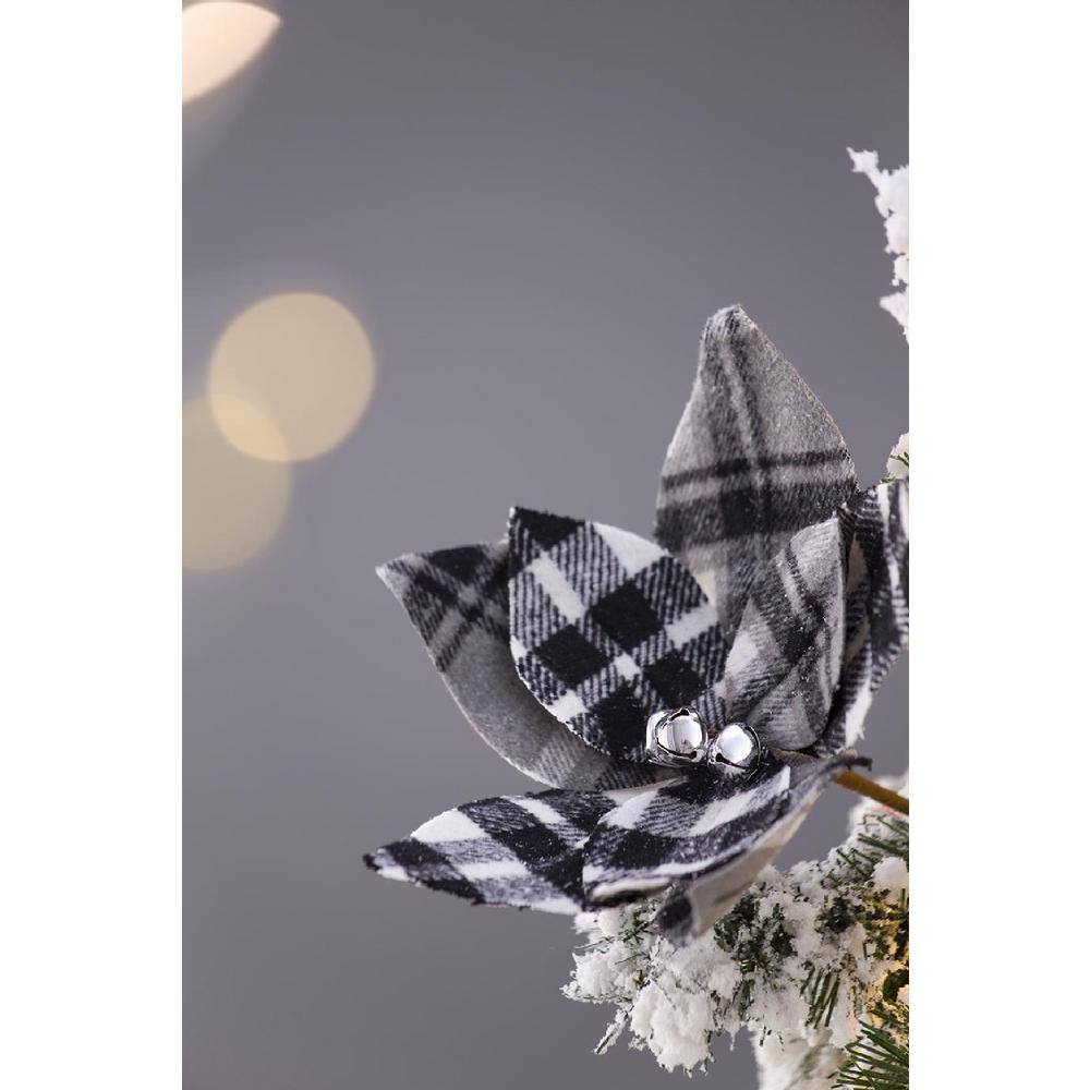 13" Black and White Plaid Poinsettia Stems Set of 12