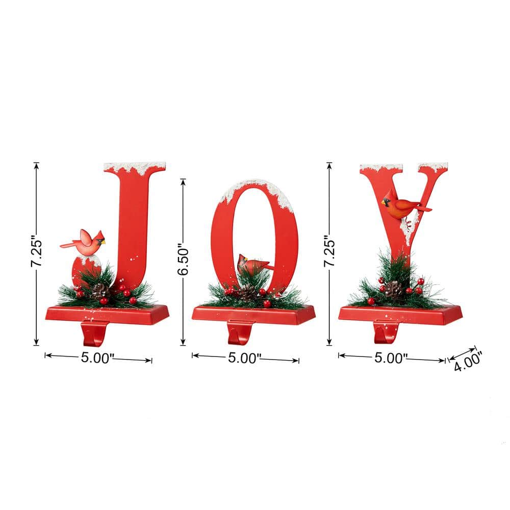 Red Metal JOY Christmas Stocking Holders with Cardinals