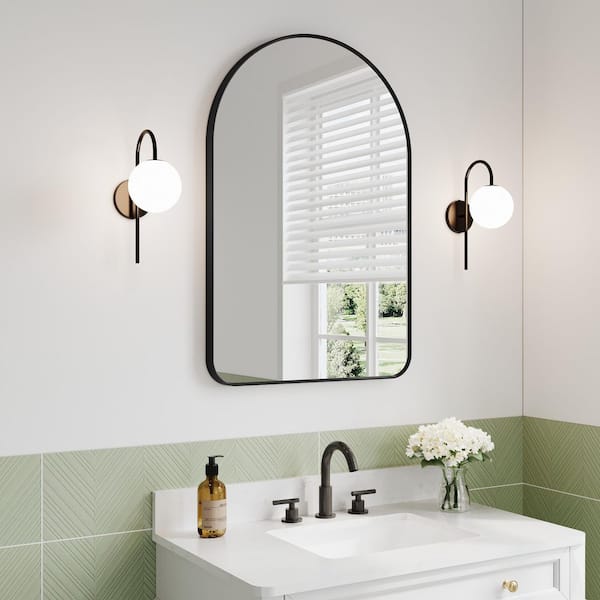 24 in. W x 36 in. H Arch Framed Wall Mount Bathroom Vanity Mirror in Matte Black