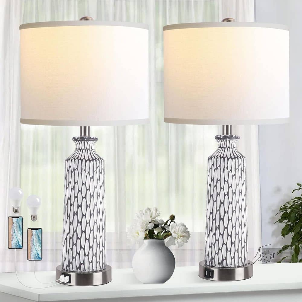 26 in. Gray Table Lamp Set of 2,3-Way Dimmable Touch Control, with USB Port