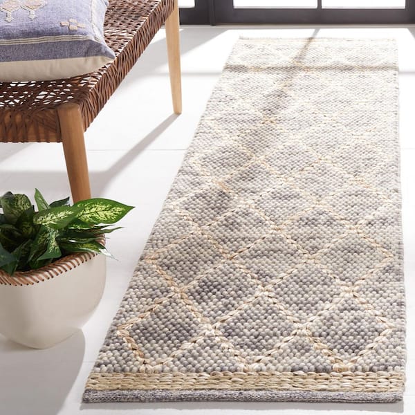 Natura 2 ft. x 9 ft. Light Gray/Natural Diamond Border Runner Rug