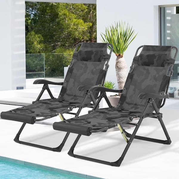 Set of 2 Patio Adjustable Lounge Foldable Lawn Chair with Headrest  Foot Pad Metal Outdoor Recliner with Camo Cushions
