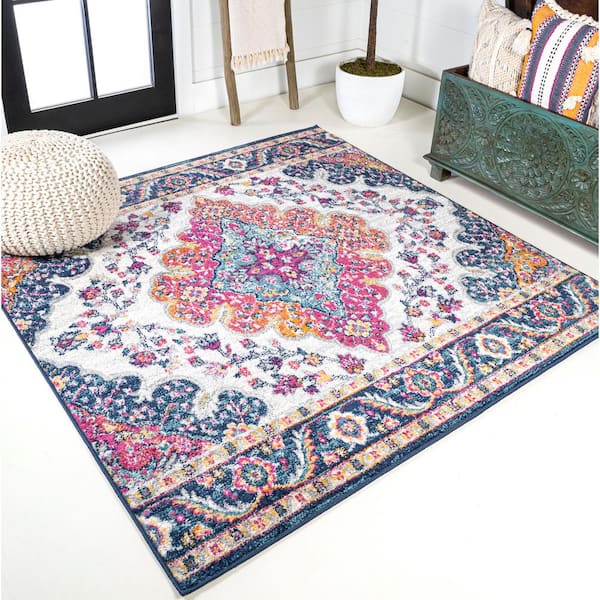 JONATHAN Y Bohemian FLAIR Boho Vintage Medallion Blue/Multi 3 ft. Square Area Rug