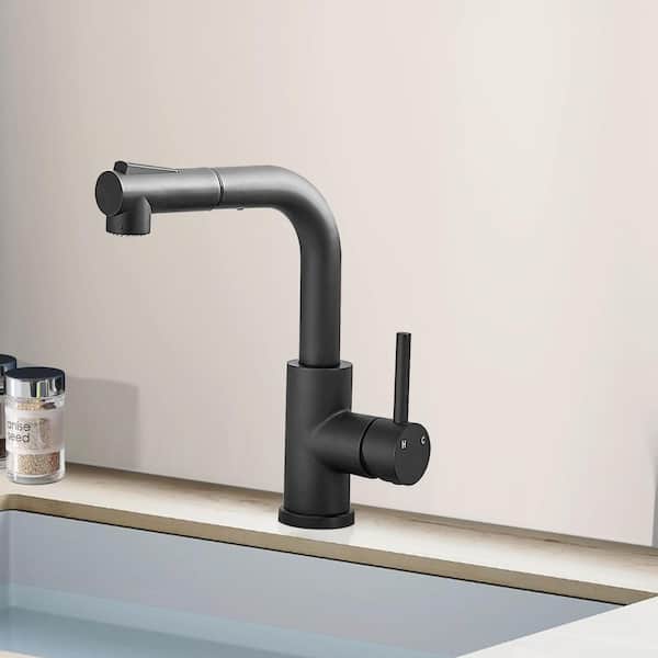 Single Handle Pull Out Sprayer Stainless Steel Kitchen Faucet in Matte Black