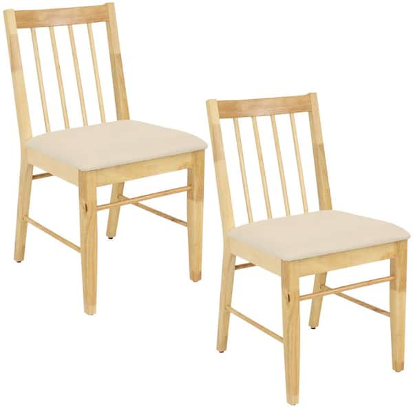 Sunnydaze Set of 2 Slat-Back Dining Chairs - Natural with Beige Cushions