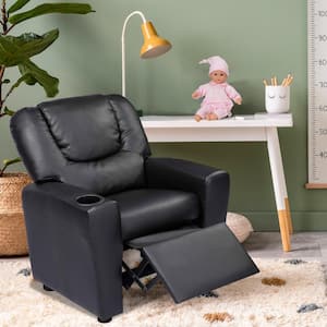 Recline, Relax, Rule Kids' Comfort Champions, Push Back Kids Recliner Chair with Footrest & Cup Holders, Black, PVC