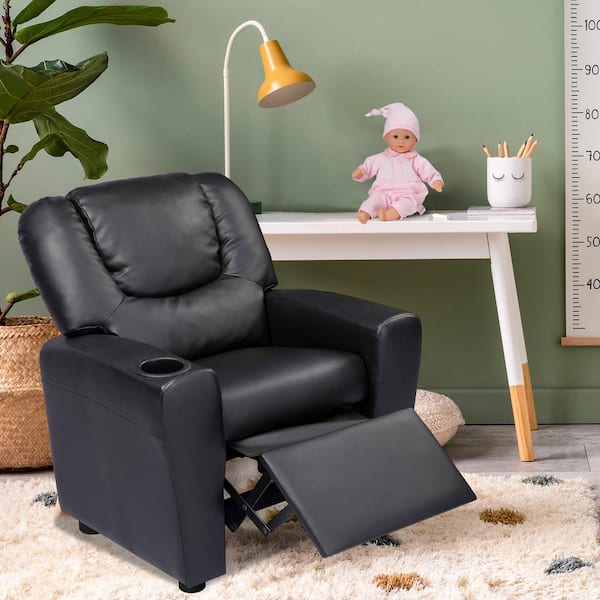 Black/PVC Push Back Kids Recliner Chair with Footrest & Cup Holder, PVC Upholstery