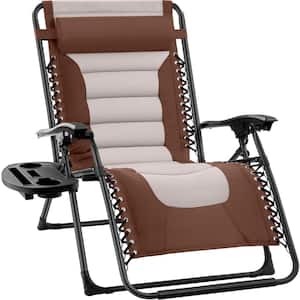 Oversized Padded Zero Gravity Brown/Taupe Metal Reclining Outdoor Lawn Chair with Side Tray