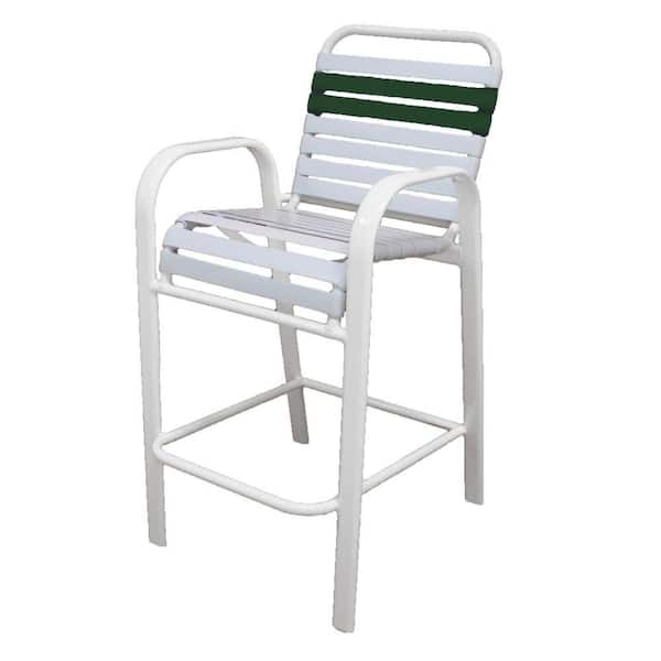Unbranded Marco Island White Commercial Grade Aluminum Bar Height Patio Dining Chair with White and Green Vinyl Straps