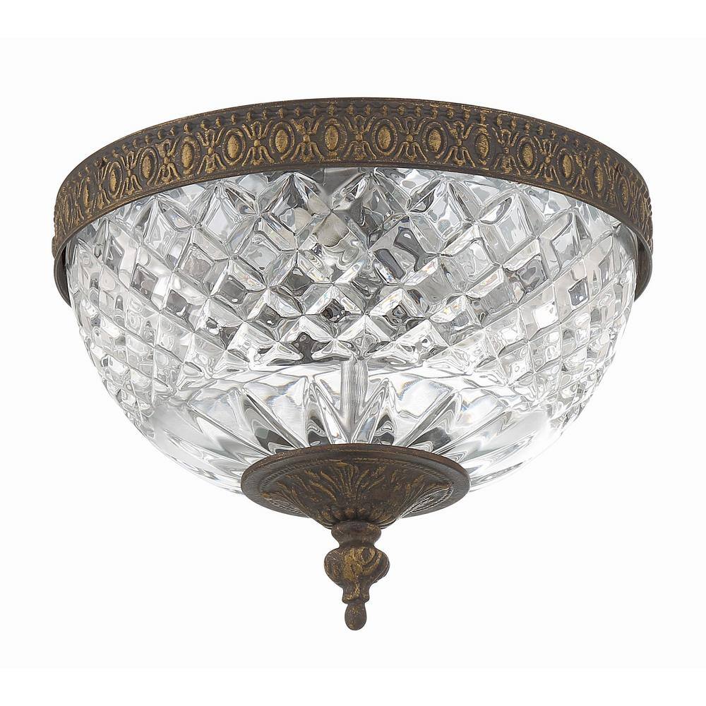 English Bronze Crystal 2-Light Ceiling Mount Fixture