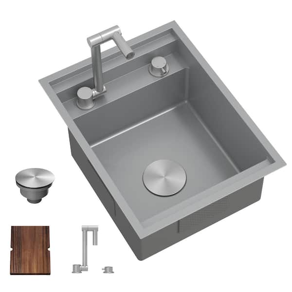 16-Gauge Stainless Steel 21 in. Undermount Single Bowl Chrome Hidden Utility Kitchen Bar Sink with Folding Faucet