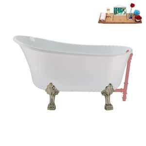 51 in. x 25.6 in. Acrylic Clawfoot Soaking Bathtub in Glossy White with Brushed Nickel Clawfeet and Matte Pink Drain