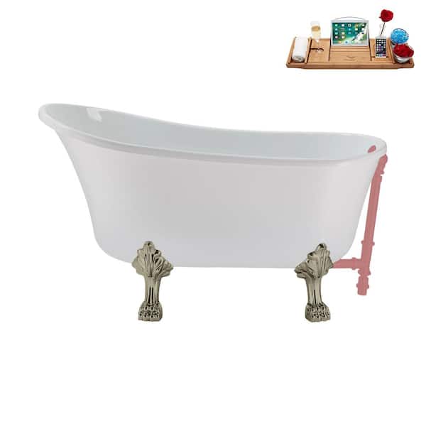Streamline 51 in. x 25.6 in. Acrylic Clawfoot Soaking Bathtub in Glossy White with Brushed Nickel Clawfeet and Matte Pink Drain