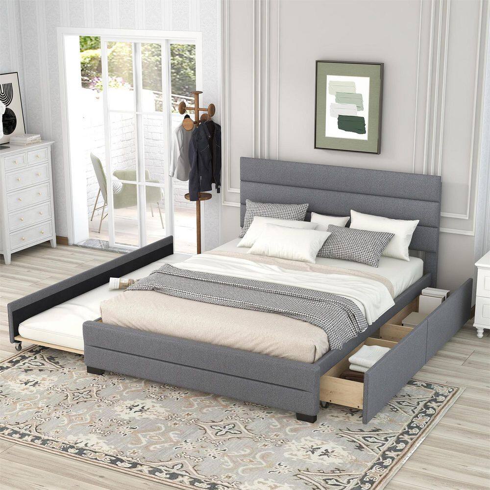 GODEER Gray Wood Frame Queen Upholstered Platform Bed with Trundle and