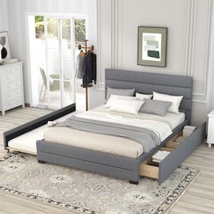 Gray Wood Frame Queen Upholstered Platform Bed with Trundle and 2-Drawers