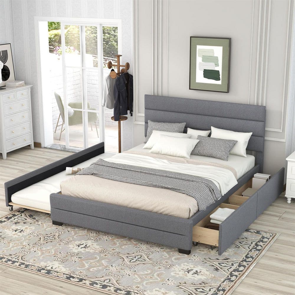 GODEER  Gray Wood Frame Queen Upholstered Platform Bed with Trundle and 2-Drawers - 2