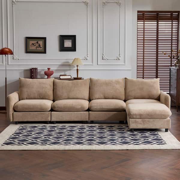 130 in. W 5-Piece Solid Wood Frame L Shaped Velvet Sectional Sofa in Nomad with Ottoman