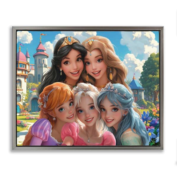 Stupell Industries Princess Selfie by Castle by Image World Gray Floater Frame People Graphic Art Print 17 in. x 21 in.