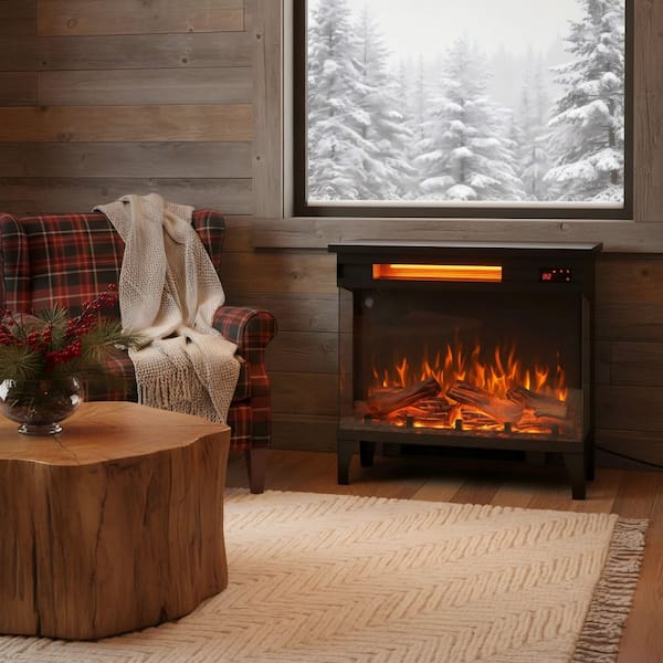 24 in. 3-Sided Freestanding Electric Fireplace in Black with Feet, Infrared Heater, Adjustable Flame and Temp Settings