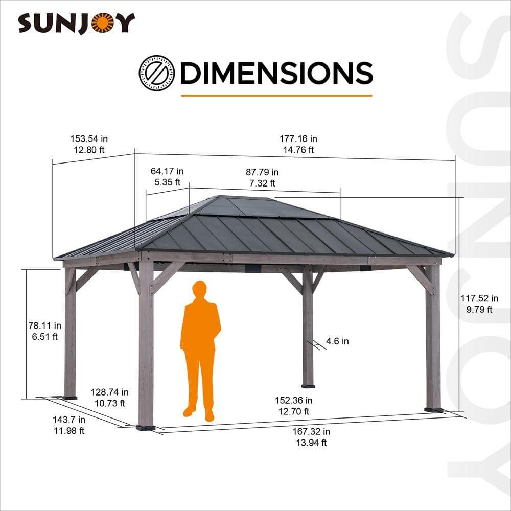 Sunjoy 13 ft. x 15 ft. Cedar and Black Steel Gazebo with Polycarbonate Roof