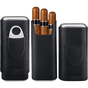 Travel Leather Cigar Case with Stainless Steel Cigar Cutter in Black