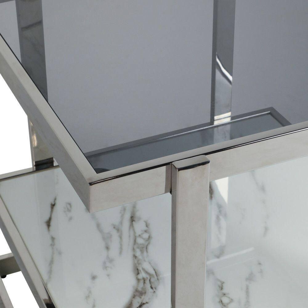 Elegant Silver & Marble Mirrored Side Table with Geometric Base