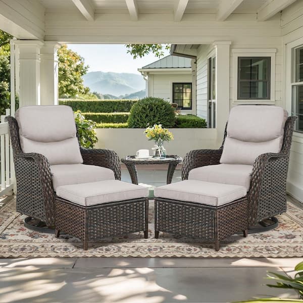 Crescent Brown 5-Piece Wicker Swivel Rocker Patio Conversation Set with 5 in. Thick Beige Cushions and Ottomans