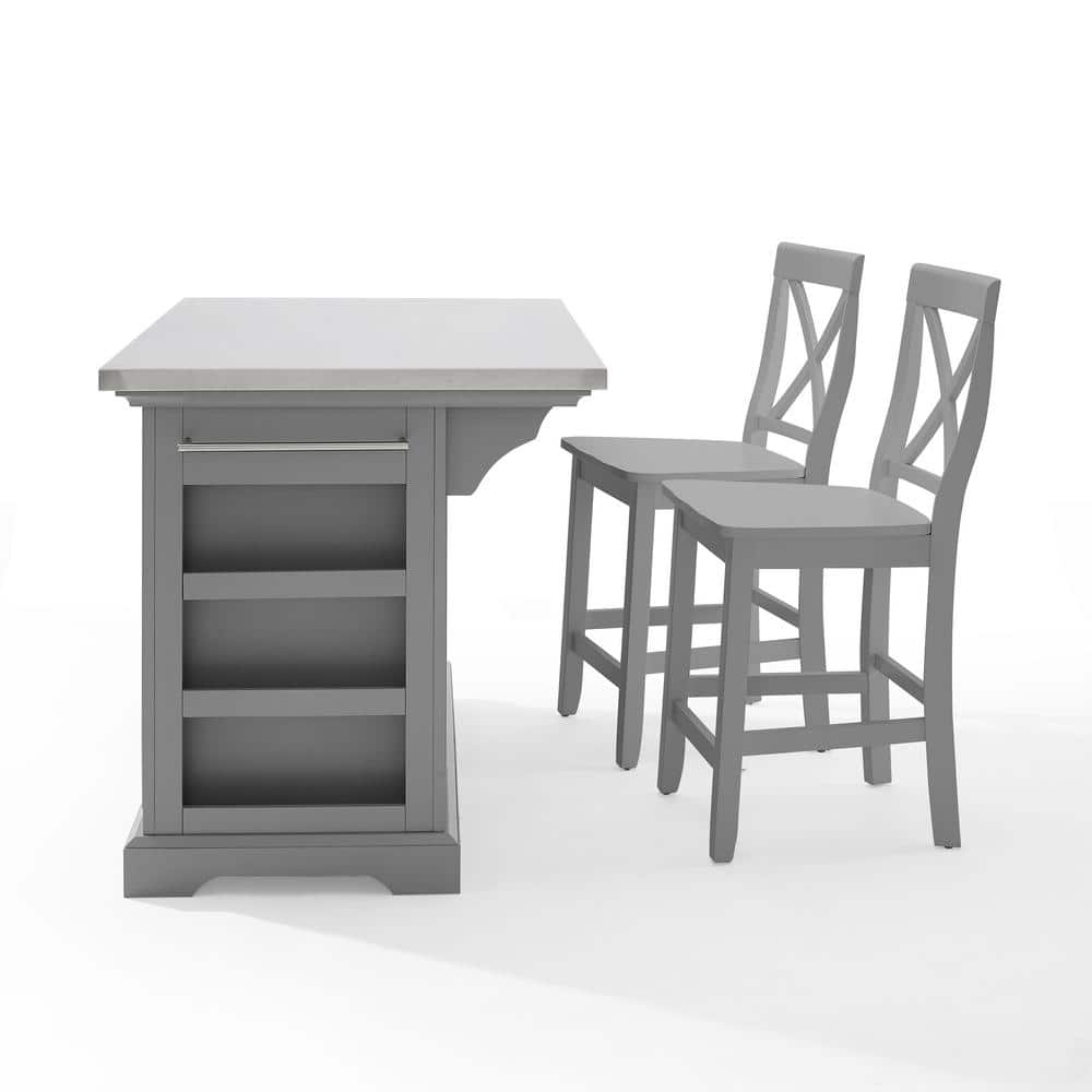 Julia 50'' Gray Stainless Steel Top Kitchen Island Set with X-Back Stools