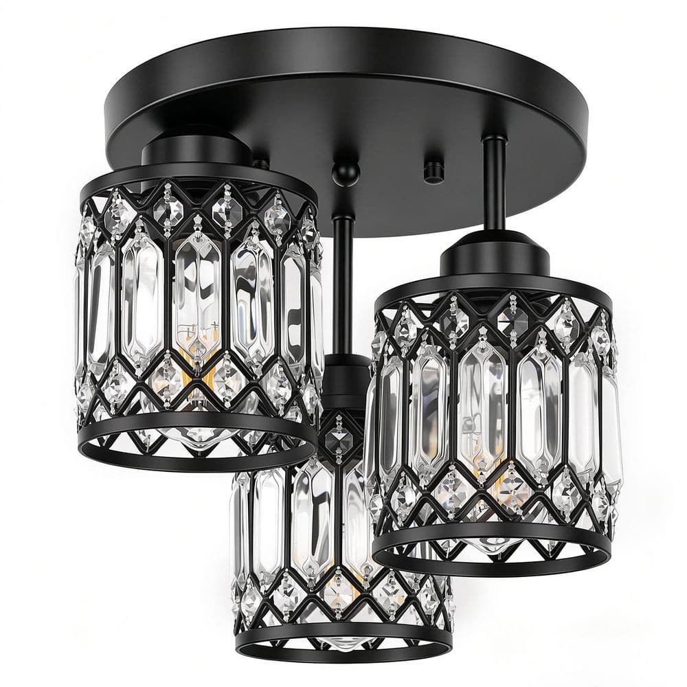 3-Light Matte Black Crystal Semi-Flush Mount Ceiling Light, Modern Metal Frame Drum Shade for Hallway Dining Bedroom price history on PriceWatchPro
