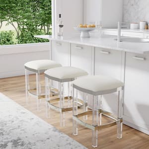 Jordan 24 in. Seat Height White Faux Leather and Acrylic Backless Counter Stool