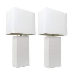 21 in. Modern White Leather Table Lamps with White Fabric Shades (2-Pack)