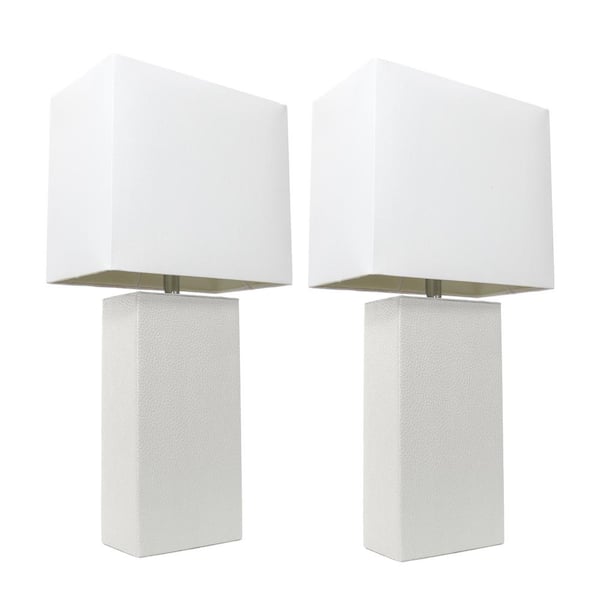 Elegant Designs 21 in. Modern White Leather Table Lamps with White Fabric Shades (2-Pack)