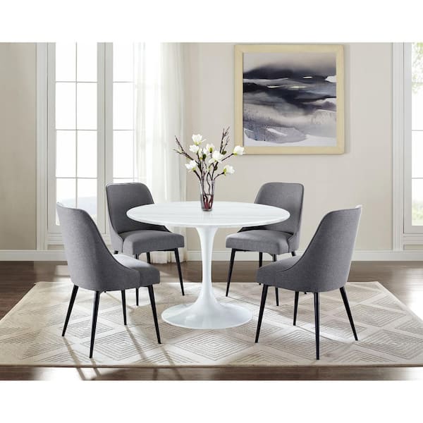 Steve Silver Colfax 45 in. Round White Marble Table with 4-Charcoal Upholstered Chairs