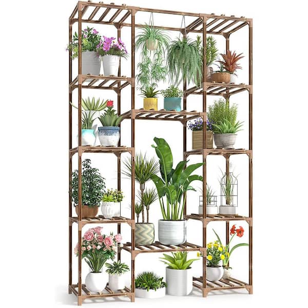 Unbranded 5-Layers 12 Pots Large Wooden Plant Rack, Patio Garden Rack Flower Pot Display (Brown)