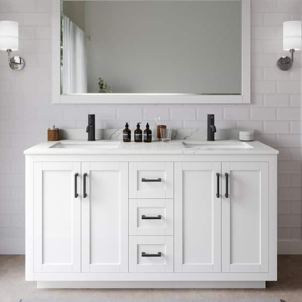 Wyndham Collection Miranda 60 in. W x 22 in. D x 33.75 in. H Double Bath Vanity in White with Giotto Quartz Top and 58 in. Mirror