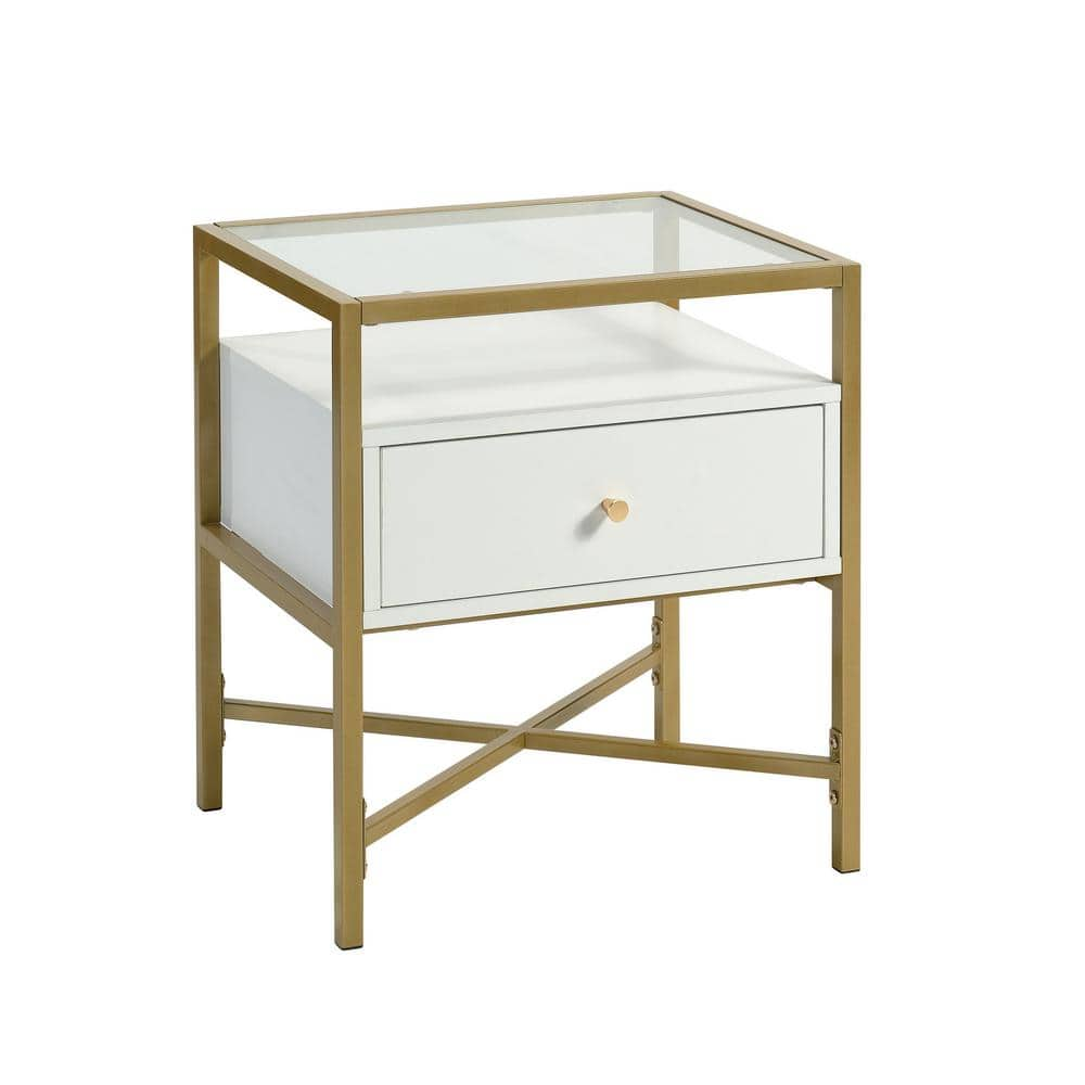 Sauder Harper Heights 1 Drawer Glass Top End Table in White and Gold