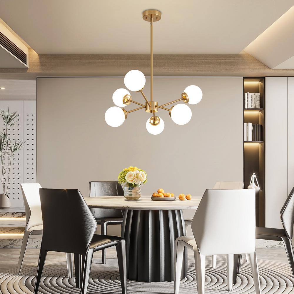 Adjustable Brass Sputnik Chandelier with Milk Glass Shades