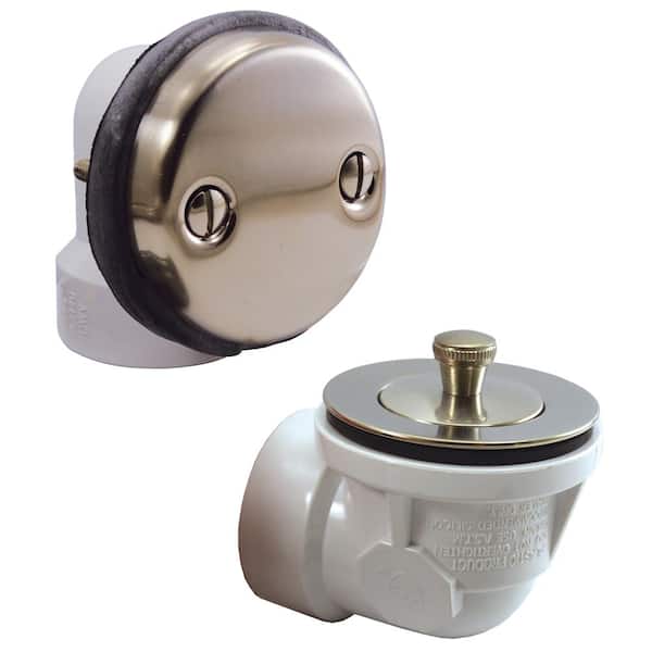JONES STEPHENS Lift and Turn White Plastic Tubular 2-Hole Bath Waste and Overflow Tub Drain Half Kit in Satin Nickel