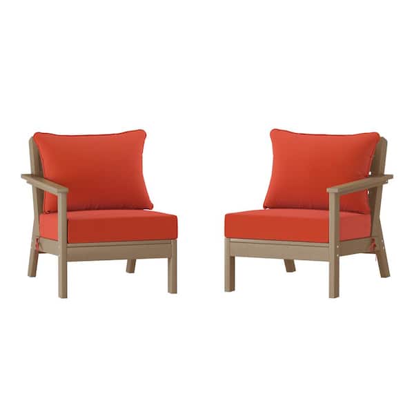 WESTIN OUTDOOR Birchwood Weathered Wood Arrangeable Outdoor Patio 2-Piece Deep Seating HDPE Loveseat Arm Chair Set with Orange Cushions