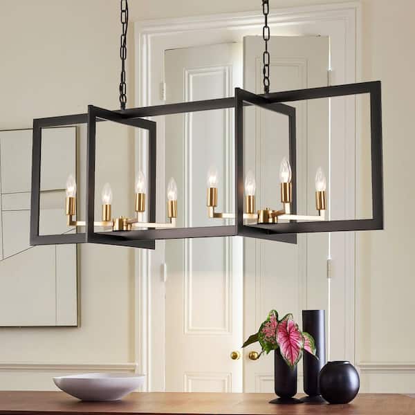 Jamii 8-Light Industrial Matte Black and Brass Rectangular Frame Pendant Lighting for Dining Room or Kitchen Island